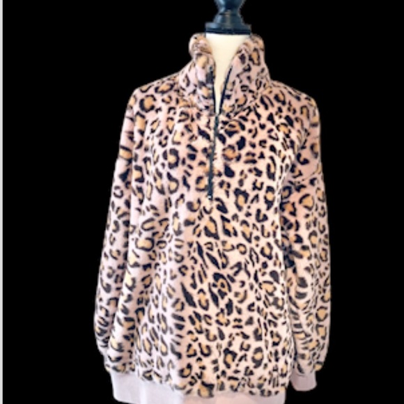 MITTOSHOP pink cheetah fur 1/2 zip pullover jacket women’s size Large 10 12 - Picture 11 of 14